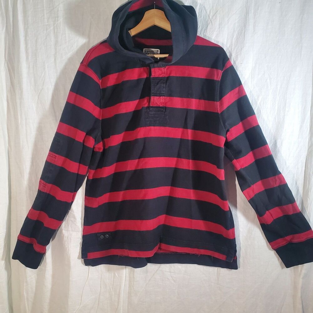Converse One Star Hoodie Mens L Black Red‎ Striped Henley Pullover Rugby